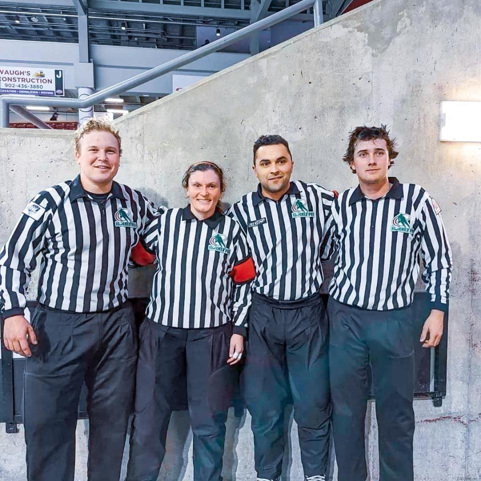 Ellen Dixon with the rest of the officiating crew from the Dec. 7 game between the Summerside Western Capitals and the Valley Wildcats.