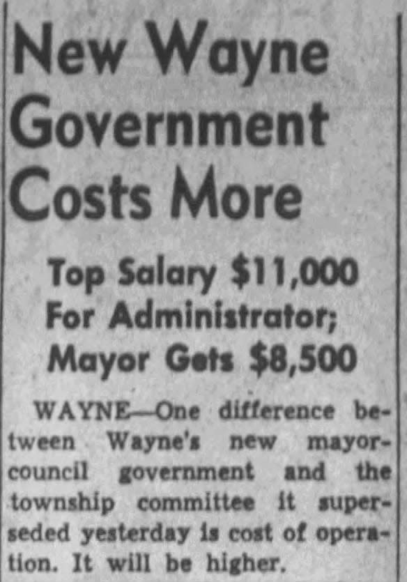 Newspaper clip from the Jan. 2, 1962, edition of The Herald-News about the cost of the township's new form of government.