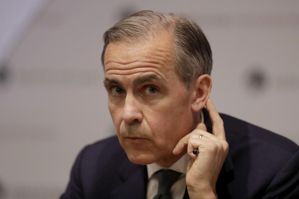 Mark Carney, Governor of the Bank of England speaks during an Inflation Report press conference at the Bank of England in London on  May 2, 2019. - The British economy is likely to weaken in the near-term as firms ease up on Brexit preparations now that Britain's Brexit departure from the European Union has been delayed by months, the Bank of England said today. (Photo by Matt Dunham / POOL / AFP)        (Photo credit should read MATT DUNHAM/AFP/Getty Images)