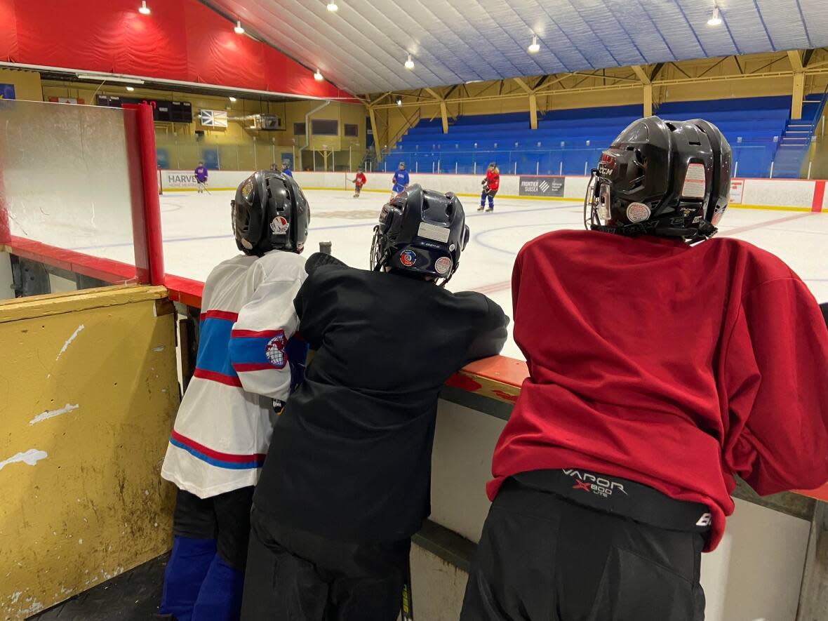 Young hockey players watch a practice at D.F. Barnes Arena in St. John's. This year some hockey coaches in the province must take free and mandatory sexual violence prevention training. (Heather Gillis/CBC - image credit)