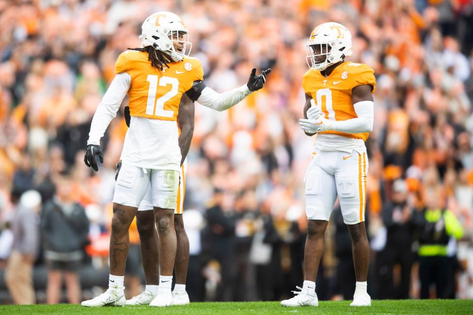 Tennessee defensive back Tamarion McDonald (12) and Tennessee defensive back Doneiko Slaughter (0) are seen on the field during a game between Tennessee and Missouri in Neyland Stadium, Saturday, Nov. 12, 2022.