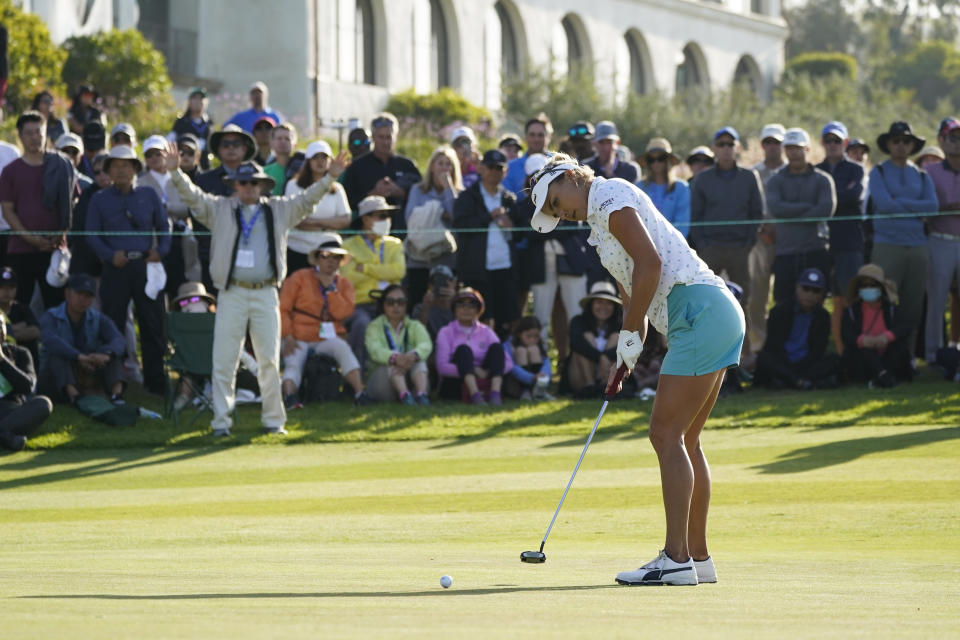 Lexi Thompson putts on the 18th green during the final round of the LPGA's Palos Verdes Championship golf tournament on Sunday, May 1, 2022, in Palos Verdes Estates, Calif. (AP Photo/Ashley Landis)