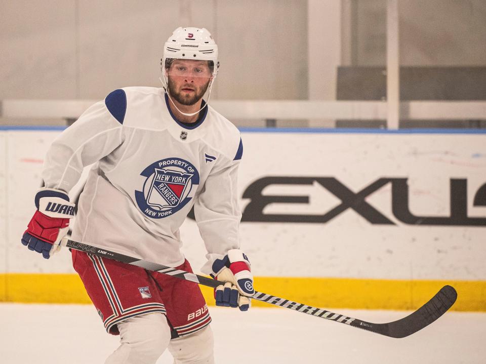 Zac Jones skates during the first day of the New York Rangers training camp at their practice facility in Greenburgh, N.Y. Sept. 19, 2024.