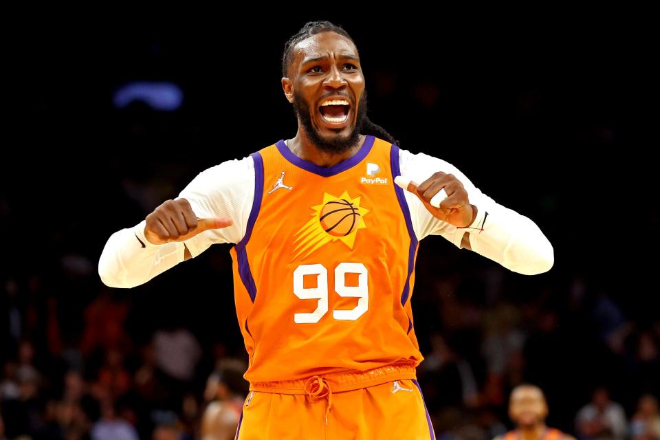 Mar 4, 2022; Phoenix, Arizona, USA; Phoenix Suns forward Jae Crowder (99) reacts after a play during the second half against the New York Knicks at Footprint Center. Mandatory Credit: Mark J. Rebilas-USA TODAY Sports