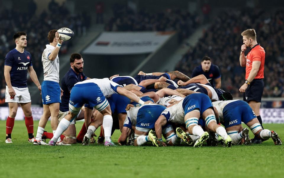 An Italian player waits to feed the scrum during a Six Nations match between France and Italy