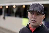 Trainer Chad Brown talks to the media after a workout by Kentucky Derby entrant Zandon at Churchill Downs Tuesday, May 3, 2022, in Louisville, Ky. The 148th running of the Kentucky Derby is scheduled for Saturday, May 7. (AP Photo/Charlie Riedel)