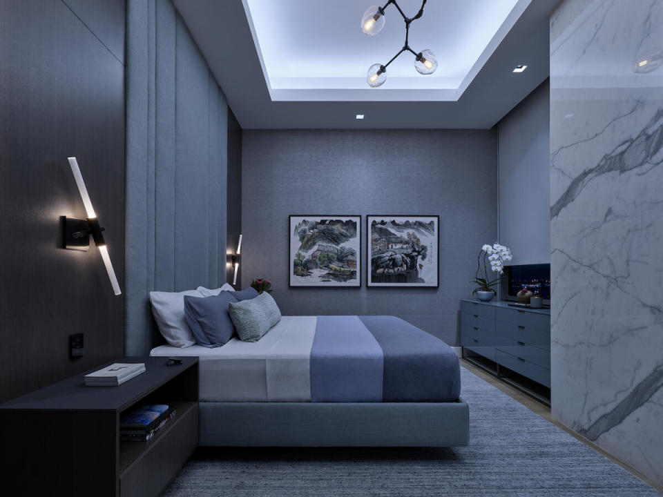 Dynamic color temperature tuning, a feature that allows lighting to be adjusted to create a specific mood, is a feature that smart lighting brand Lutron sees catching on. In the adjacent bedroom, Lutron fixtures are set to an “energizing” color temperature 