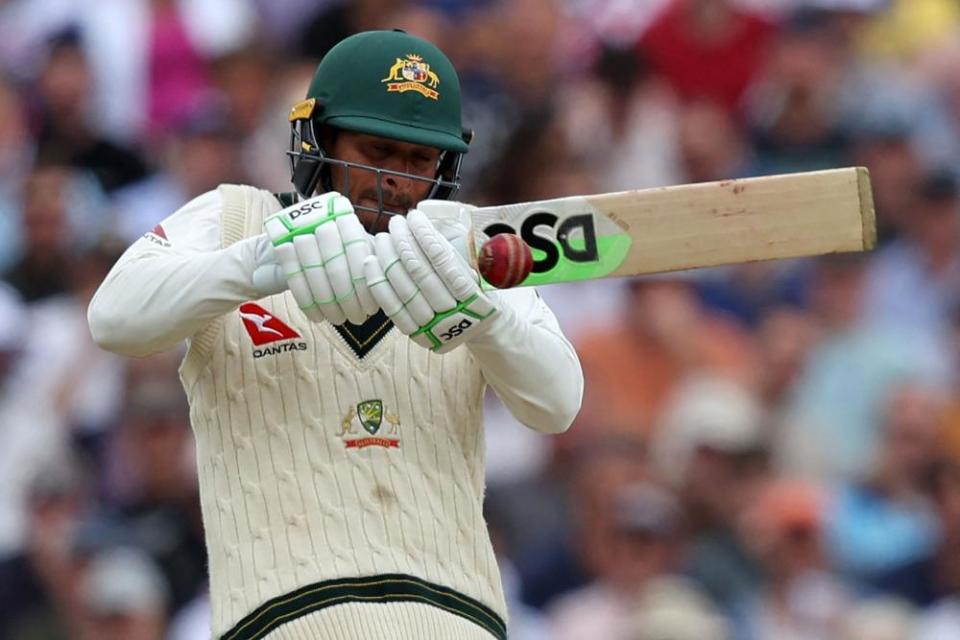 Usman Khawaja plays a pull on day four of the fifth Test.