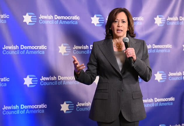 Vice President Kamala Harris speaks at the Jewish Democratic Council of America in May 2023. Jewish voters are reliably Democratic, but even a minor shift could affect results.