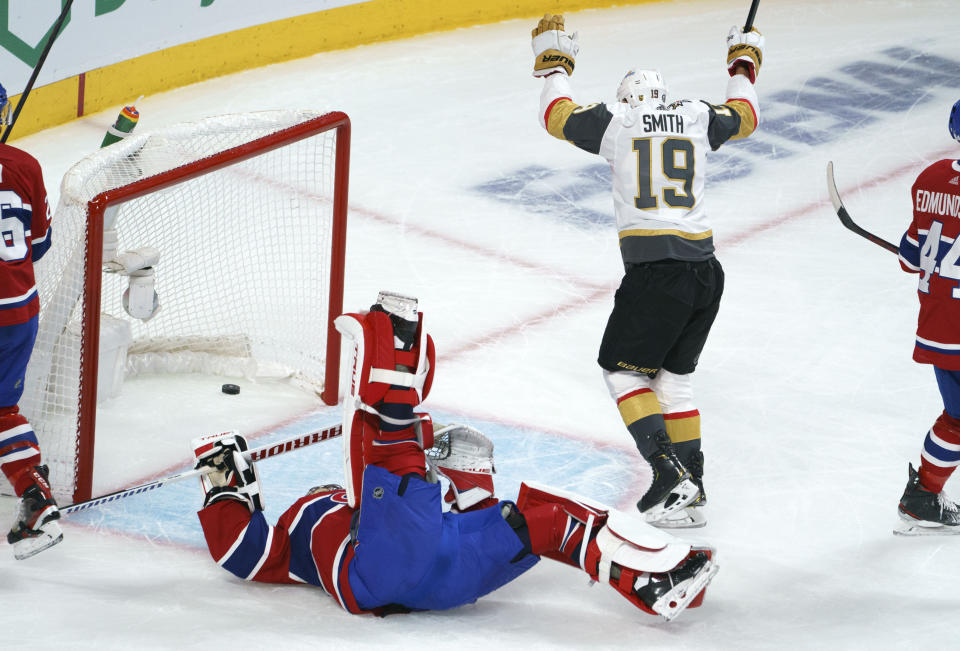 Vegas Golden Knights' Reilly Smith (19) celebrates his goal past Montreal Canadiens goaltender Carey Price during the first period in Game 6 of an NHL hockey Stanley Cup semifinal playoff series Thursday, June 24, 2021 in Montreal. (Paul Chiasson/The Canadian Press via AP)