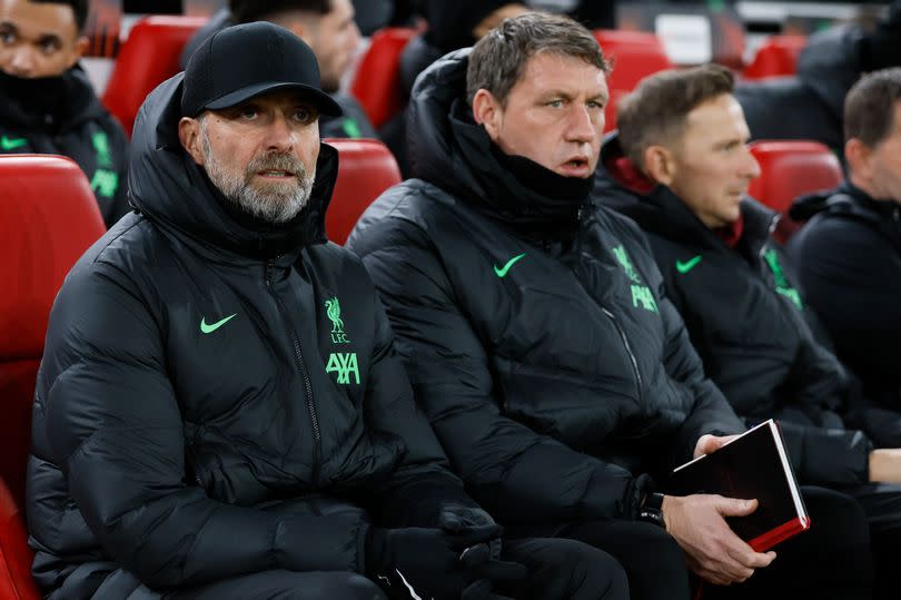 LIVERPOOL, ENGLAND - NOVEMBER 30: Jurgen Klopp, Manager of Liverpool and assistant coach Peter Krawietz before the UEFA Europa League 2023/24 match between Liverpool FC and LASK at Anfield on November 30, 2023 in Liverpool, England.