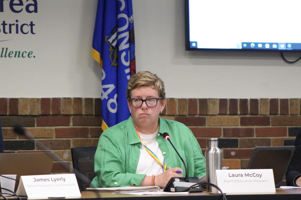 Green Bay School Board President Laura McCoy listens during a school board meeting about school closures June 5, 2023 in Green Bay, Wisconsin.