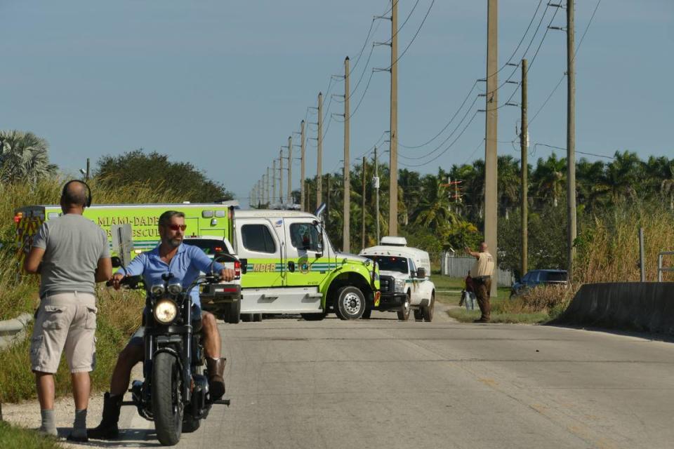 A Miami-Dade Fire Rescue vehicle exits the area of a helicopter crash on Wednesday, Dec. 27, 2023.