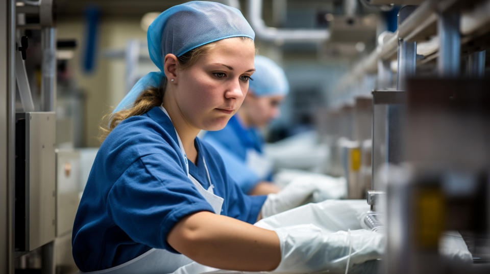 An operator overseeing the linen processing operations at a large care facility.