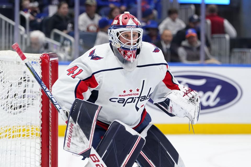 FILE - Washington Capitals goaltender Vitek Vanecek (41) protects his net during the second period of an NHL hockey game against the New York Islanders, Thursday, April 28, 2022, in Elmont, N.Y. The New Jersey Devils, who've missed the playoffs the last four years, have acquired Vanecek from the Capitals. (AP Photo/Frank Franklin II, File)