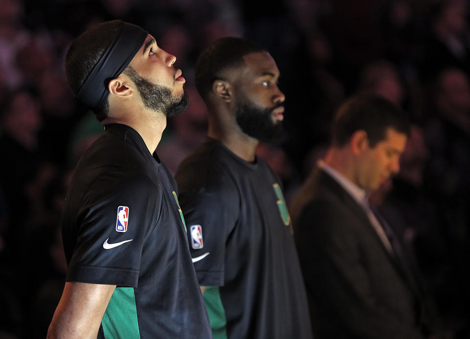 Jayson Tatum and Jaylen Brown are carrying a heavy load in Boston. (Matt Stone/Boston Herald via Getty Images)