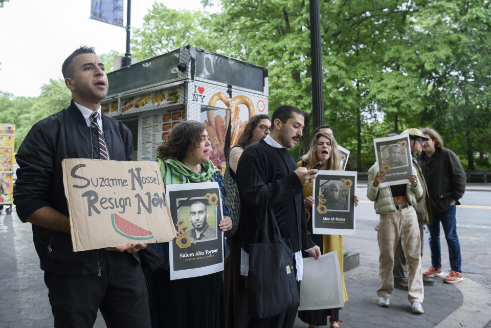 Protestors gather outside the PEN America Literary Gala at the American Museum of Natural History on Thursday, May 16, 2024, in New York. (Photo by Christopher Smith/Invision/AP)