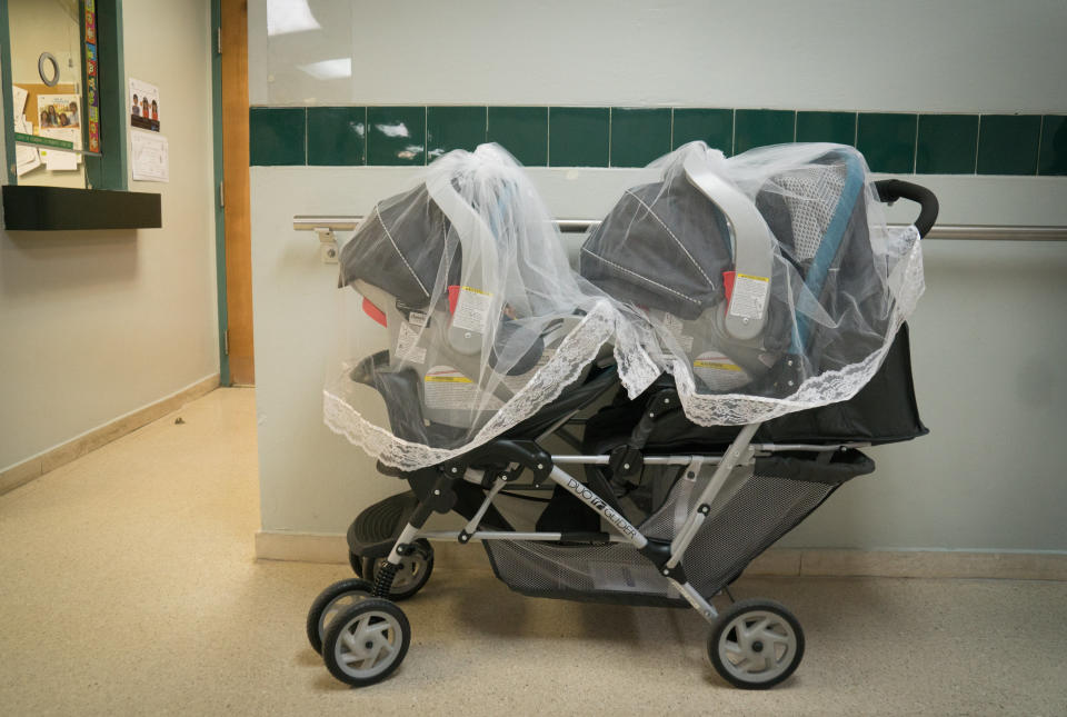 The mosquito net-covered stroller where 2-month-old twins Misael and Ismael Carrasquillo slept during a visit for regular vaccinations at Puerto Rico's&nbsp;Concilio de Salud Integral in Loiza&nbsp;in 2016. (Photo: Angel Valentin via Getty Images)