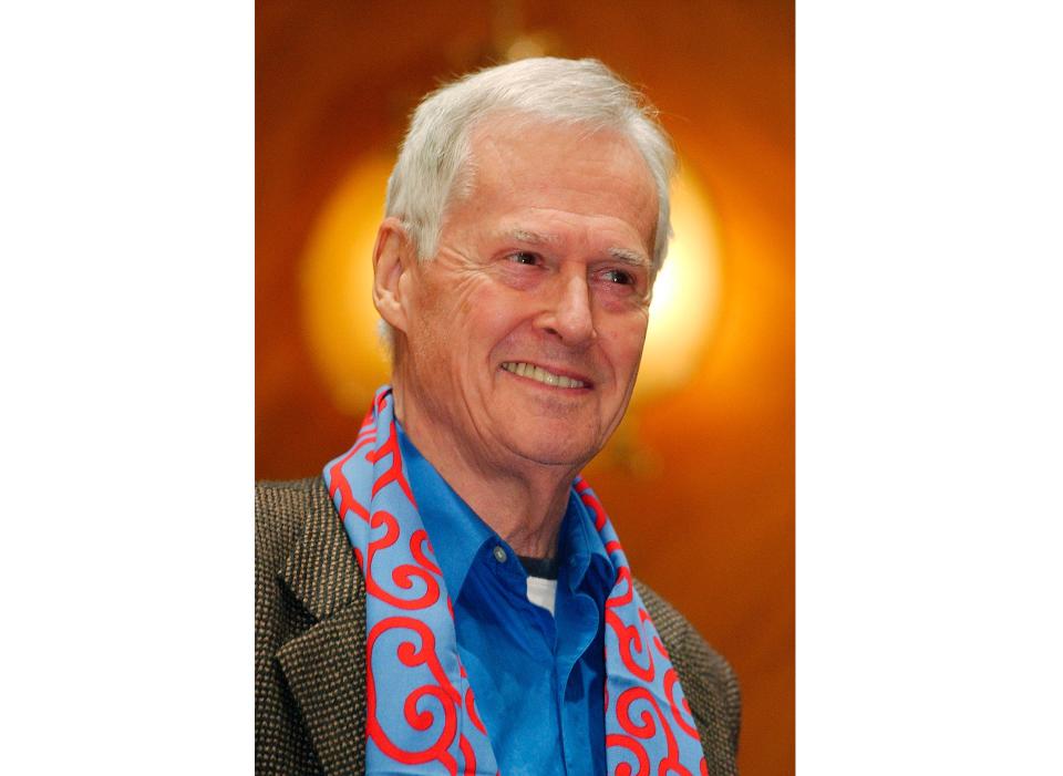 American composer Ned Rorem appears at the Curtis Institute of Music in Philadelphia after a dress rehearsal for his "Evidence of Things Not Seen" on Oct. 23, 2003. Rorem, the prolific Pulitzer- and Grammy prize-winning musician known for his vast output of compositions and for his barbed and sometimes scandalous prose, died Friday at 99.