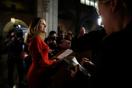 Canada's International Trade Minister Chrystia Freeland speaks during a news conference on Parliament Hill in Ottawa, Ontario, Canada, October 24, 2016. REUTERS/Chris Wattie