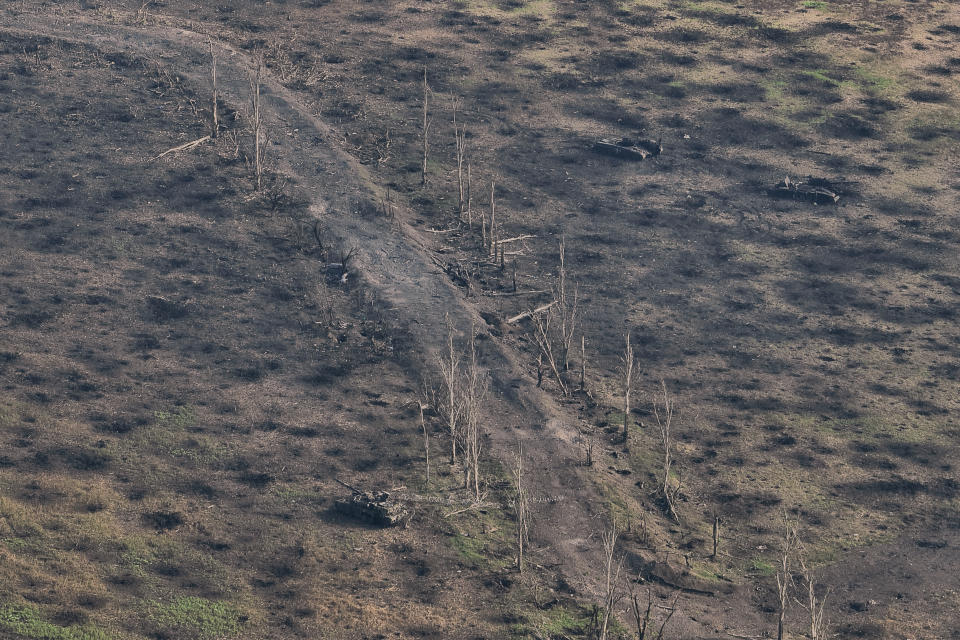 Aerial view near Bakhmut, the site of fierce battles with the Russian forces in the Donetsk region, Ukraine, Sunday, Sept. 3, 2023. (AP Photo/Libkos)