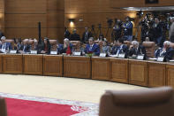 Moroccan Prime Minister Aziz Akhannouch attends alongside Moroccan ministers the twelfth session of the Moroccan-Spanish high-level meeting, in Rabat, Morocco, Thursday, Feb. 2, 2023. The governments of Spain and Morocco held wide-ranging meetings Thursday aimed at turning the page on diplomatic tensions and striking deals on customs crossings and business development. (AP Photo)
