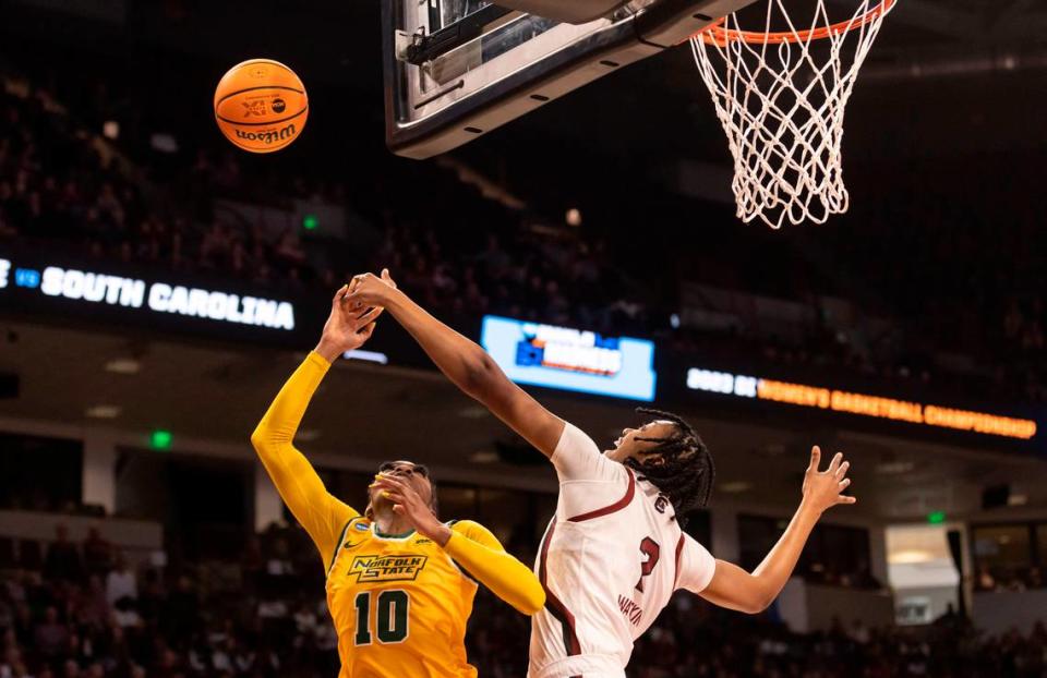 South Carolina Gamecocks forward Ashlyn Watkins (2) blocks a shot by Norfolk State Spartans forward Mahoganie Williams (10) during the first round of the 2023 NCAA Tournament at Colonial Life Arena in Columbia on Friday, March 17, 2023.