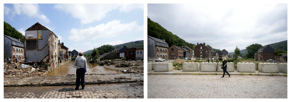 A man stands on a bridge and surveys the damage after flooding in Pepinster, Belgium, July 17, 2021, left, and the same location nearly one year later, July 11, 2022. Catastrophic flooding in several provinces of Belgium struck after torrential rains fell beginning on July 14, 2021. (AP Photo/Virginia Mayo)