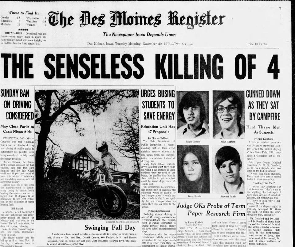 The front page of the Nov. 20, 1973 Des Moines Register reported on the murders of four teenagers at Gitchie Manitou State Preserve.