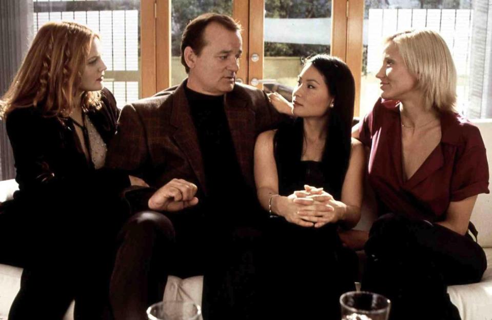 Drew Barrymore, Bill Murray, Lucy Liu, and Cameron Diaz sitting on a couch