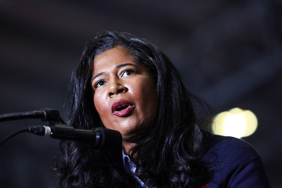 Kristina Karamo, who is running for Michigan Republican party's nomination for secretary of state, speaks at a rally hosted by former President Donald Trump on April 2, 2022, near Washington, Mich. (Scott Olson / Getty Images file)