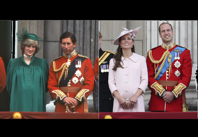 In this composite image a comparison has been made between A pregnant Diana, Princess of Wales and pregnant Catherine, Duchess of Cambridge during Trooping the Colour.(Left image) LONDON, ENGLAND - JUNE 12: A pregnant Diana, Princess of Wales with Charles, Prince of Wales, Queen Elizabeth ll and Prince Philip, Duke of Edinburgh on the balcony of Buckingham Palace following the Trooping the Colour ceremony on June 12, 1982 in London, England. (photo by Anwar Hussein/Getty Images)(Right Image) LONDON, ENGLAND - JUNE 15: Prince Harry, Catherine, Duchess of Cambridge and Prince William, Duke of Cambridge on the balcony of Buckingham Palace during the annual Trooping the Colour Ceremony on June 15, 2013 in London, England. (Photo by Chris Jackson/Getty Images)