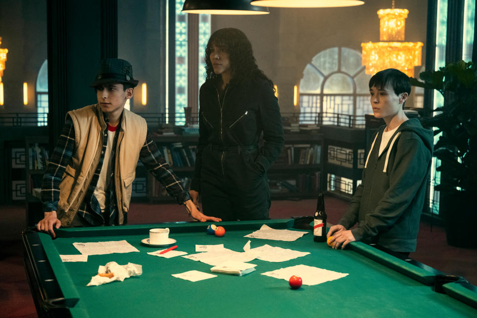 Aidan Gallagher, Emmy Raver-Lampman and Elliot Page in Season 3 of Netflix's The Umbrella Academy (Photo: Christos Kalohoridis/Netflix)