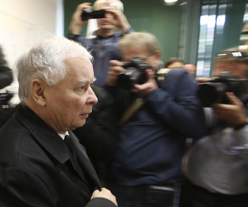 In this file photo taken Oct. 21, 2018, in Warsaw, Poland, is seen Poland's right-wing ruling party leader Jaroslaw Kaczynski after he cast his ballot in local elections. In his campaign ahead of 2019 parliamentary elections Kaczynski has used hostile language against LGBT rights of marriage and adoption.(AP Photo/Czarek Sokolowski)