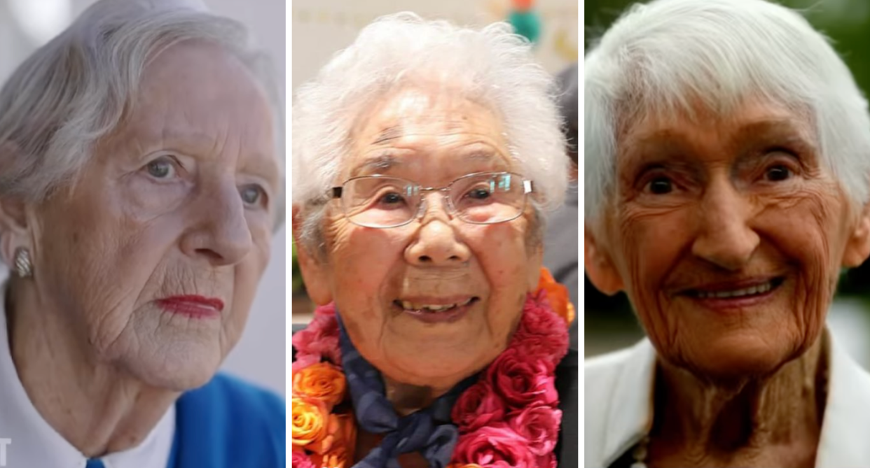 Paula Bowman, Yoshiko Miwa and Amy Crosbie are all over 100 years old. Credit: The Project/Channel Ten/NBC News 