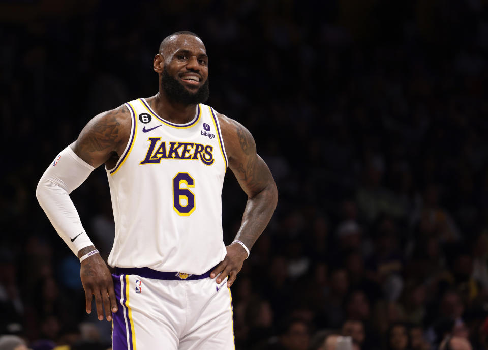 LOS ANGELES, CALIFORNIA - APRIL 09: LeBron James #6 of the Los Angeles Lakers laughs on the court during the first half against the Utah Jazz at Crypto.com Arena on April 09, 2023 in Los Angeles, California. NOTE TO USER: User expressly acknowledges and agrees that, by downloading and or using this photograph, User is consenting to the terms and conditions of the Getty Images License Agreement. (Photo by Harry How/Getty Images)