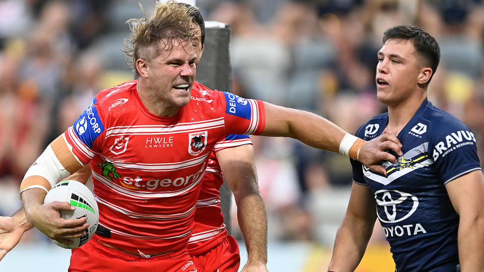 Jack de Belin celebrates during the Dragons' NRL clash against the Cowboys. Pic: Getty