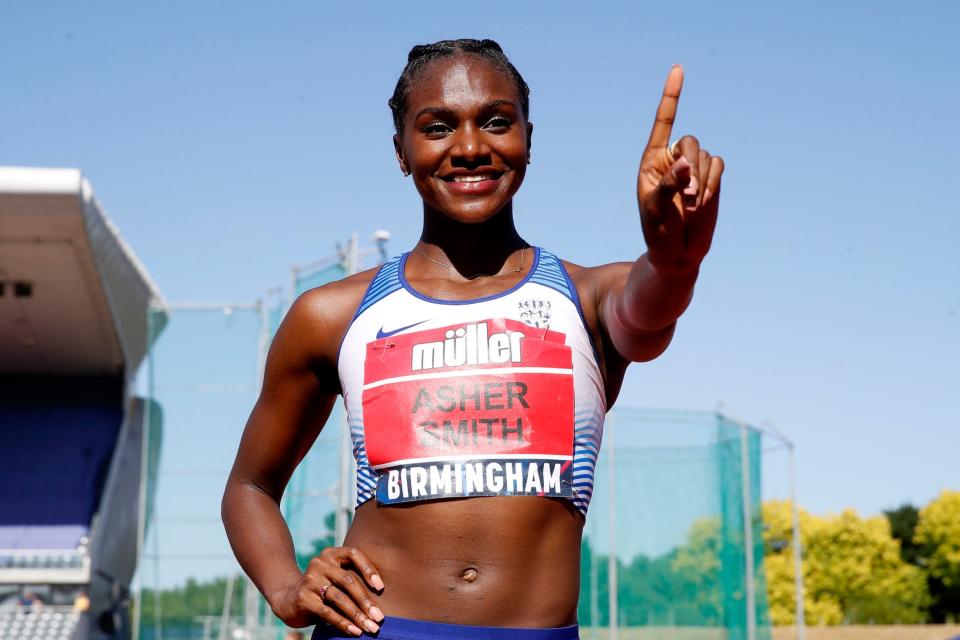 V is for victory: Dina Asher-Smith celebrates after setting a British Championship record in the 100m in Birmingham last month: PA