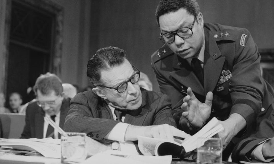 Colin Powell, a major-general in 1985, serving as senior military assistant to defence secretary Caspar Weinberger before the Senate budget committee.