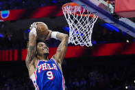 Philadelphia 76ers' Kelly Oubre Jr. dunks during the second half of Game 6 in an NBA basketball first-round playoff series against the New York Knicks, Thursday, May 2, 2024, in Philadelphia. (AP Photo/Matt Slocum)
