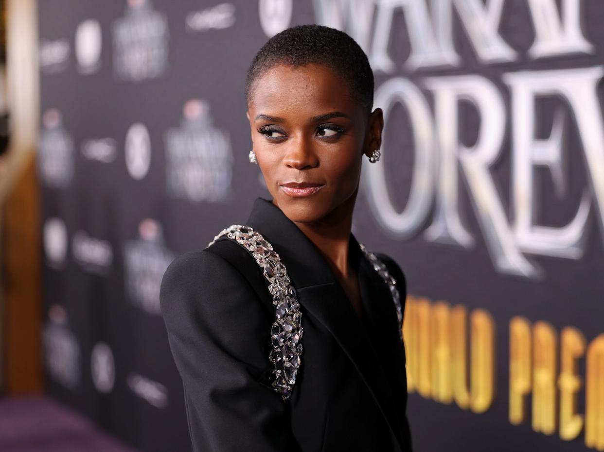 Letitia Wright attends the Black Panther: Wakanda Forever World Premiere at the El Capitan Theatre in Hollywood, California on October 26, 2022.