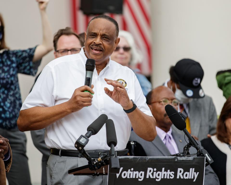 US Rep. Al Lawson speaks to a large crowd during a voting rights rally on the steps of the Historic Capitol on Thursday, Feb. 17, 2022.