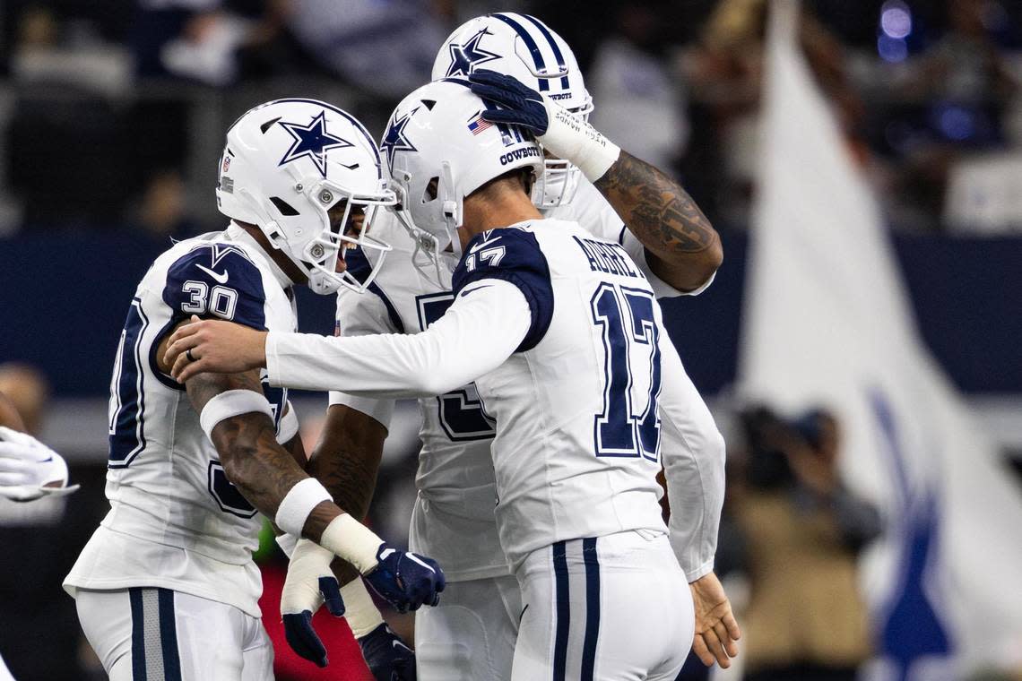 Cowboys kicker Brandon Aubrey (17) celebrates with his teammates after making a 60-yard field goal during the first quarter of an NFL game between the Dallas Cowboys and the Philadelphia Cowboys at AT&T Stadium in Arlington on Thursday, Dec. 10, 2023.