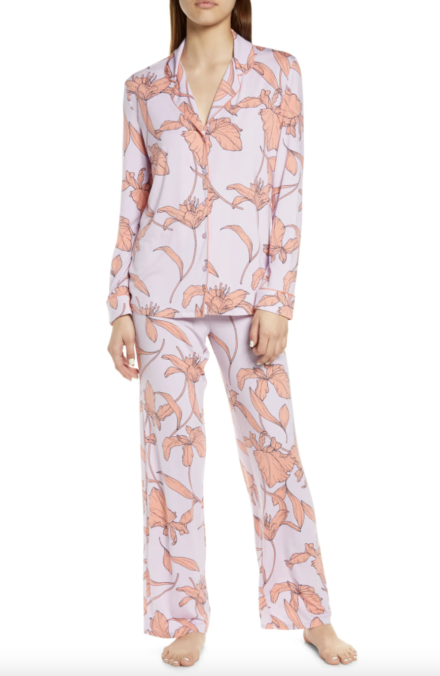 model in pink and purple floral Nordstrom Moonlight Eco Pajamas in Purple Bloom (Photo via Nordstrom)