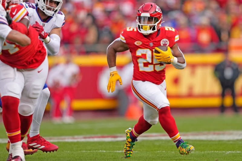 Kansas City Chiefs running back Clyde Edwards-Helaire runs for a first down against the Buffalo Bills on Sunday at GEHA Field at Arrowhead Stadium in Kansas City, Mo. Photo by Jon Robichaud/UPI