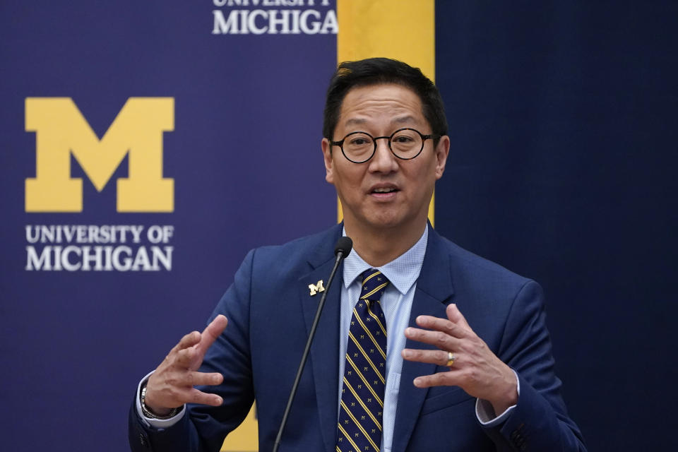 Santa Ono addresses the media after being introduced as the new president of the University of Michigan, Wednesday, July 13, 2022, in Ann Arbor, Mich. Ono becomes UM's 15th president and its first minority and Asian chief executive — the son of Japanese immigrants who came to the United States after World War II. The 59-year-old Ono has led the University of British Columbia for nearly six years after guiding the University of Cincinnati for four years. (AP Photo/Carlos Osorio)