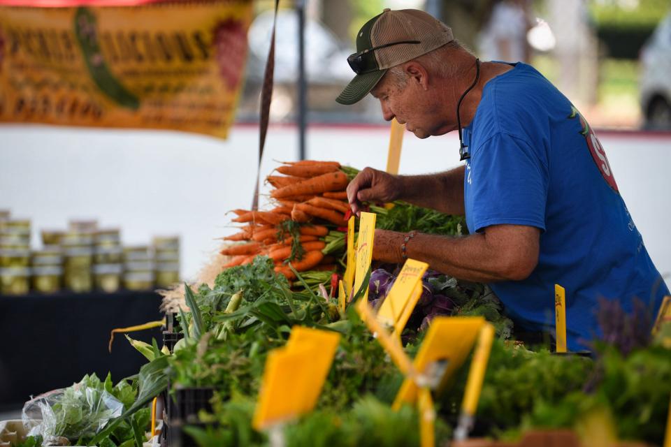 Ron Binaghi, owner of Stokes Farm, sorts out vegetable at Paramus Farmers Market on 07/07/21.