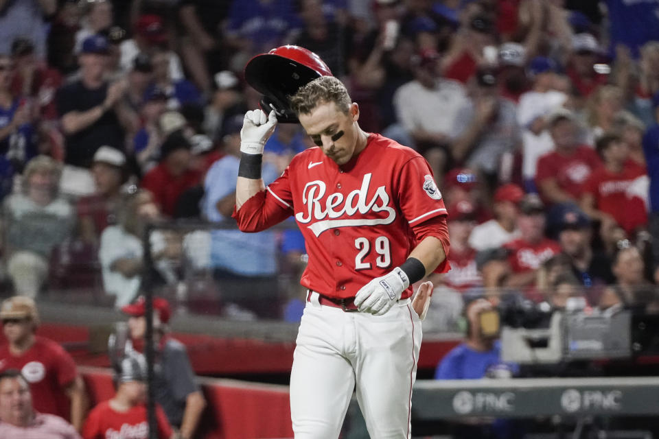 Cincinnati Reds' TJ Friedl reacts after striking out to end the seventh inning of the team's baseball game against the Toronto Blue Jays, Saturday, Aug. 19, 2023, in Cincinnati. (AP Photo/Joshua A. Bickel)