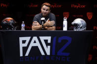 Oregon State coach Jonathan Smith speaks during Pac-12 Conference NCAA college football media day Friday, July 29, 2022, in Los Angeles. (AP Photo/Damian Dovarganes)