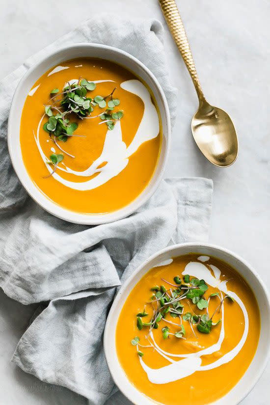 <p>Whether you’re feeling under the weather or are craving a burst of sweet-yet-tangy flavor, this easy-to-throw-together soup checks every box.</p><p><a class="link " href="https://www.skinnytaste.com/skinny-yet-creamy-carrot-ginger-soup/" rel="nofollow noopener" target="_blank" data-ylk="slk:GET THE RECIPE;elm:context_link;itc:0;sec:content-canvas">GET THE RECIPE</a></p><p><em>Per </em><em>serving</em><em>: 115 calories, 5 g fat (3 g saturated), 16 g carbs, 8 g sugar, 114 mg sodium, 4 g fiber, 3 g protein</em></p>